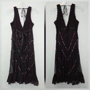 Vtg Y2K Bebe M Black Silk Lace Sequin Babydoll Plunge Dress Whimsigoth Fairy Bow